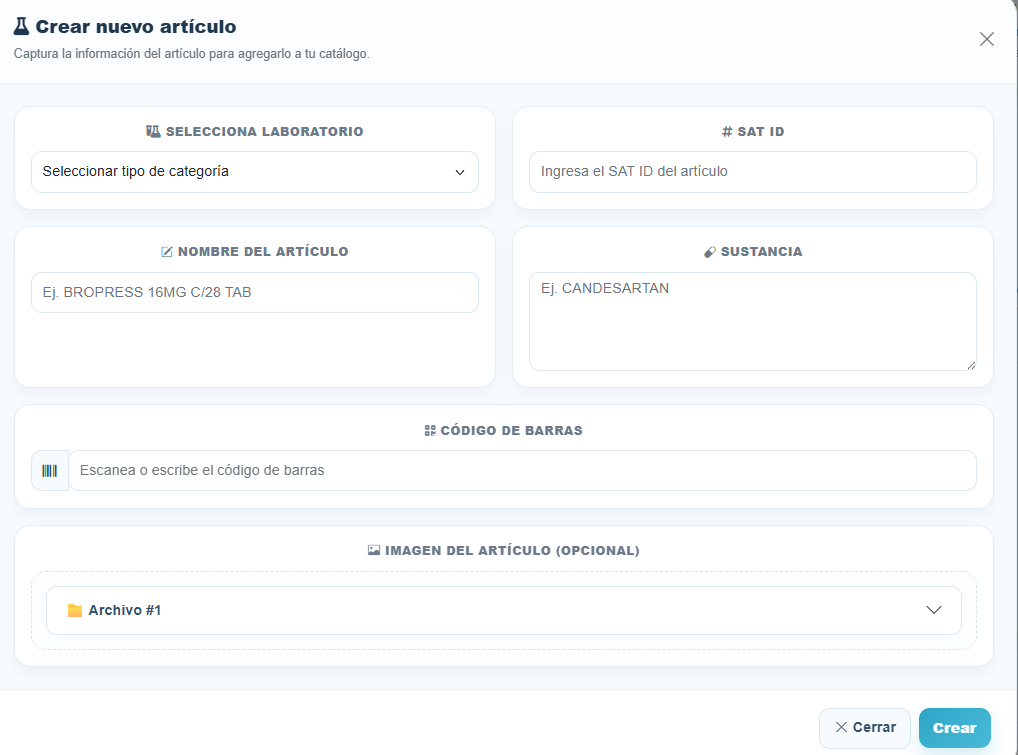 Formulario para crear un artículo nuevo en Nimbus