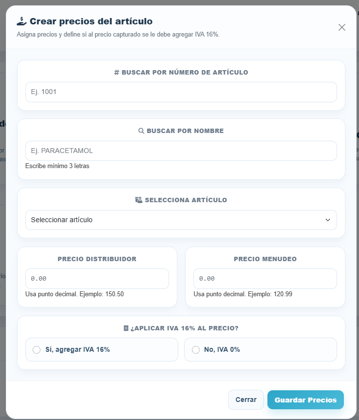 Pantalla para crear precios del artículo en Nimbus