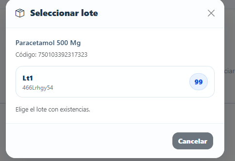 Ventana para seleccionar lote del producto