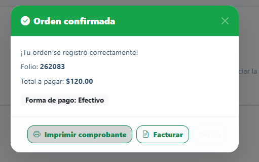 Mensaje de orden confirmada con folio en Nimbus