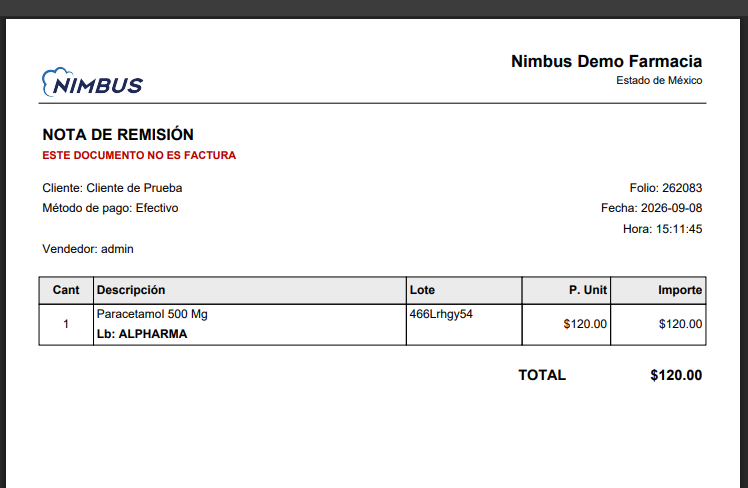 Nota de remisión generada por Nimbus